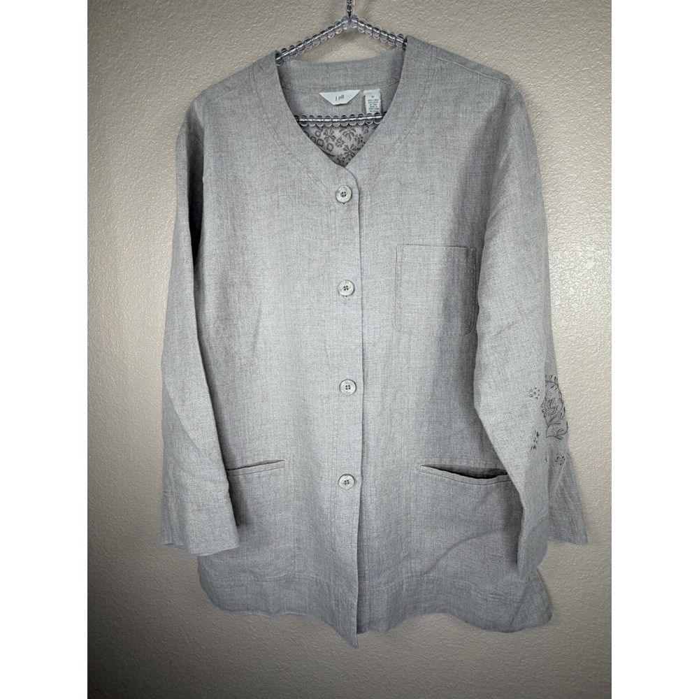 J Jill Jacket Womens Large Beige Linen Embroidered Button Front Tunic Pockets